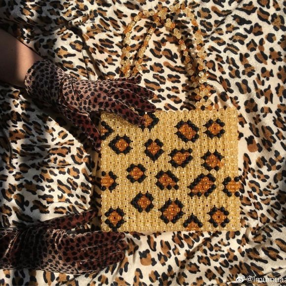 Leopard printing pearl beaded bag handwoven single